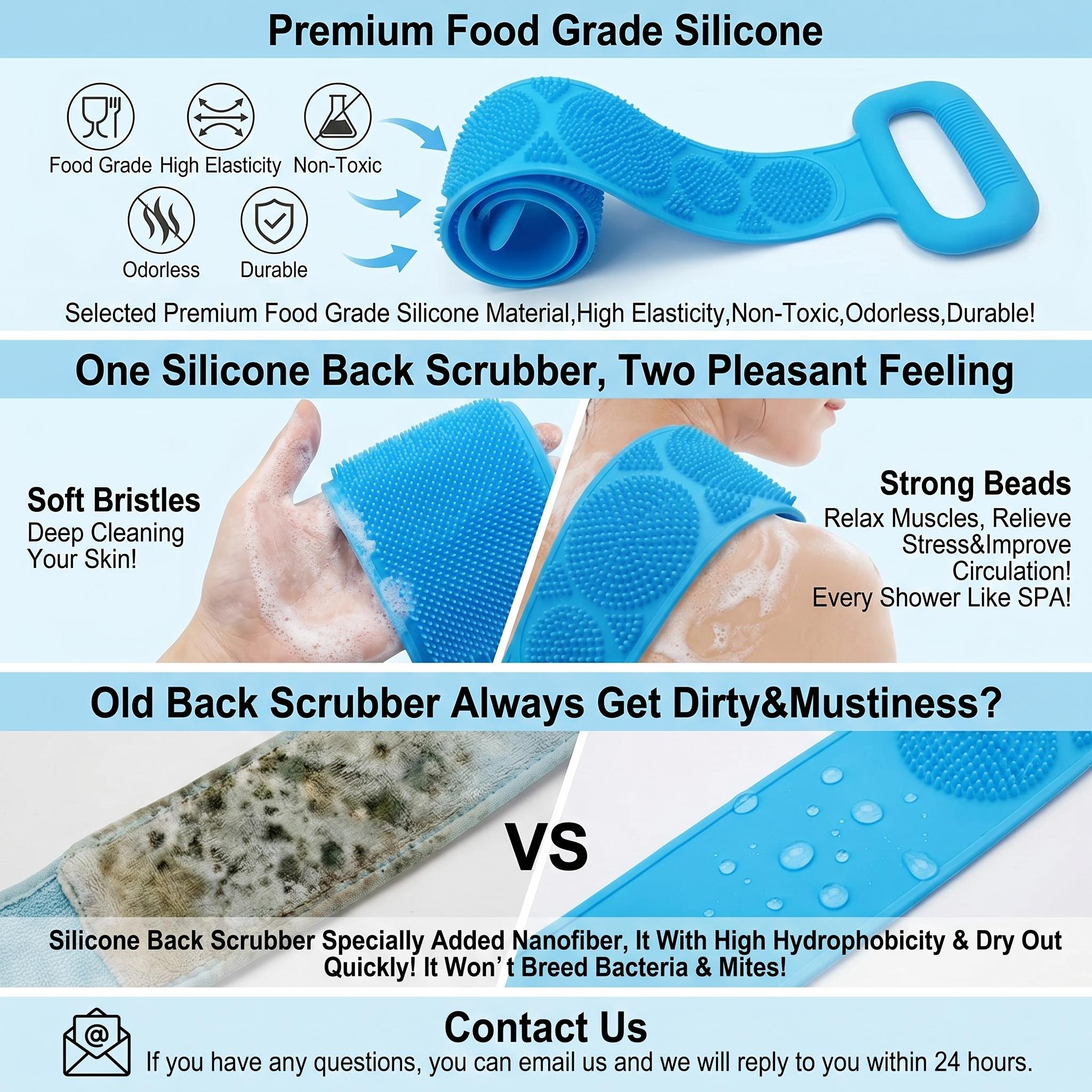 Double-Sided Silicone Back Scrubber, Exfoliating Body Brush Strap, Gentle Bathing Accessory for All Skin Types, Body Brush for Showering, Flexible Silicone Body Brushes