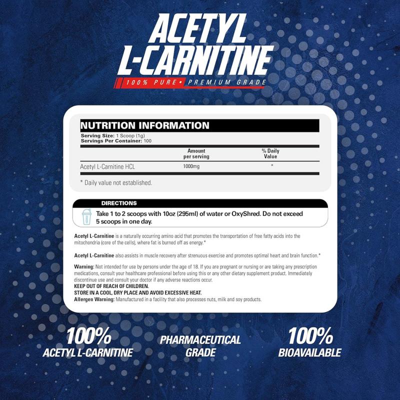 EHP Labs Acetyl L-Carnitine Powder - Supports Natural Energy Production, Brain Function, Heart Health, Vegan, Gluten Free, Non GMO - 100 Servings
