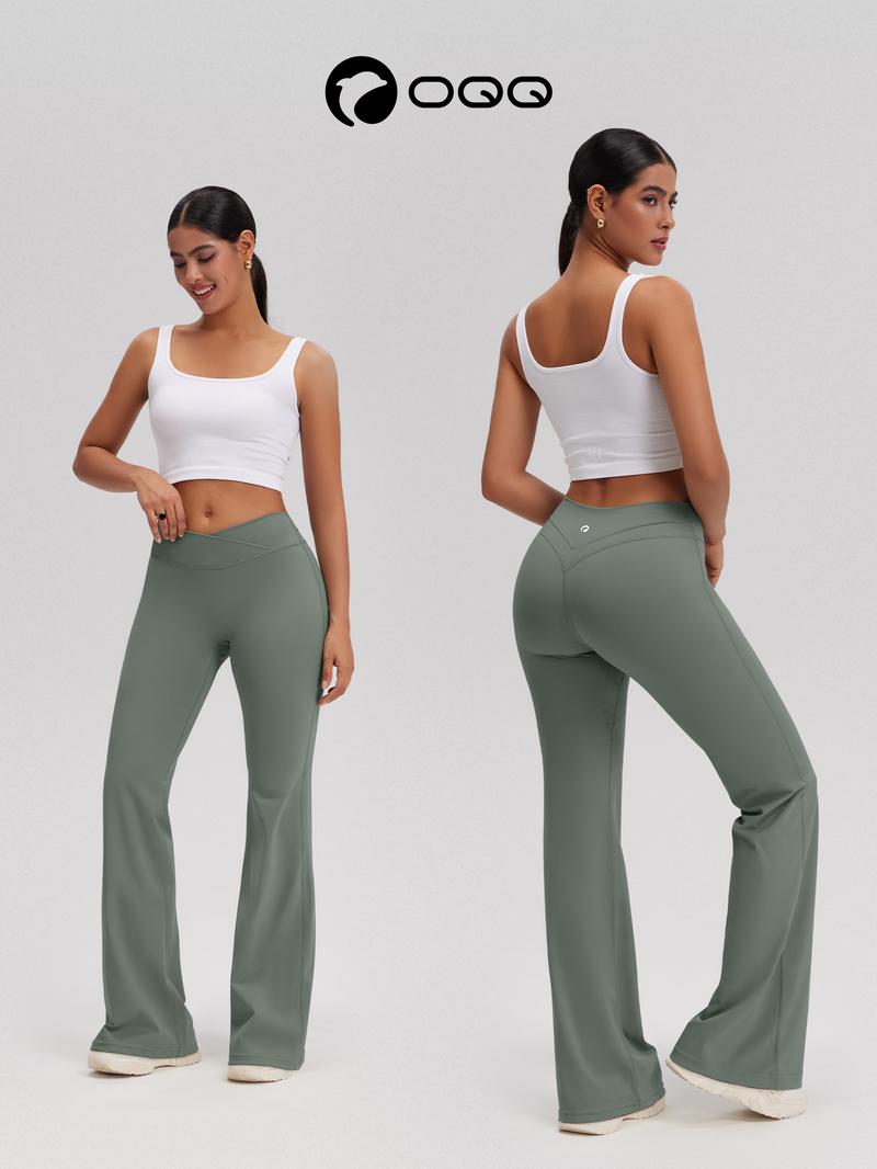 OQQ Women's High Waist Crossover Flare Pants V Back Seam Comfortable Fit Yoga Pants Vacation Outfits Bottoms Basic Minimalist Casual Trouser Leggings