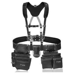 19 Pocket Adjustable Leather Tool Belt with Suspenders for Carpenters, Electricians & Framers