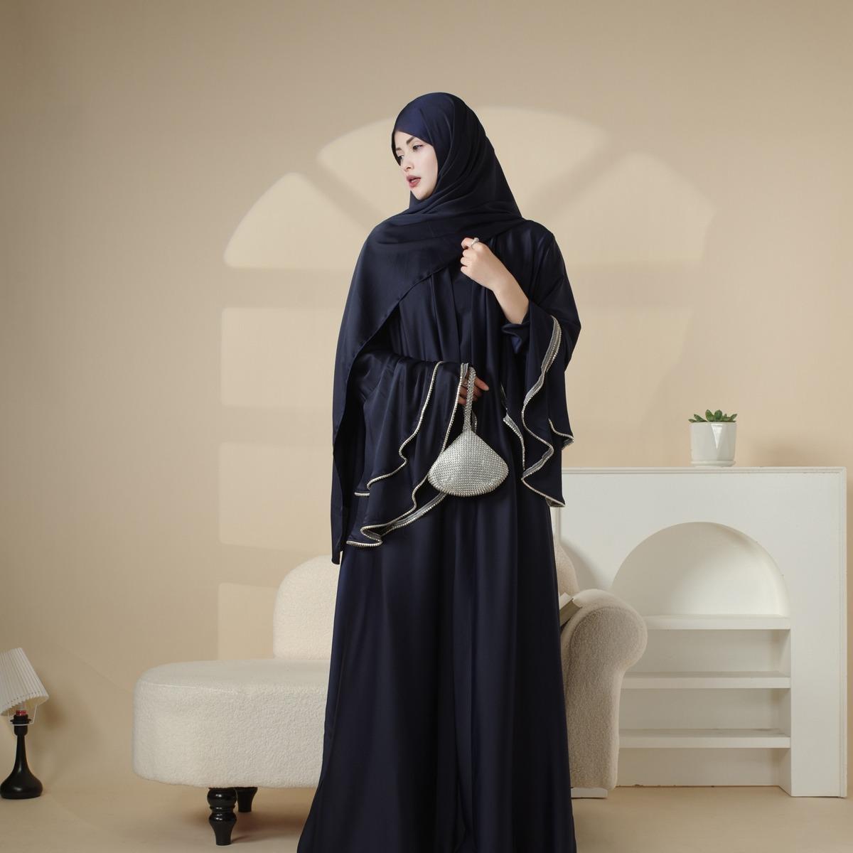 Elegant Satin Crepe Ruffle Sleeve Abaya Set 5-Piece Modest Dress with Belt, Hijab, Inner Dress & Triangle Skirt | Luxurious Full-Length Design, Side Pockets, Customizable Sizes | Perfect for Ramadan, Eid,MOA033