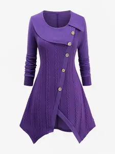 Rgothic Plus Size women's clothes Asymmetric Mock Buttons Cable Knit Sweater - Regular Fit Long Length Pullover for Fall Spring Daily Wear