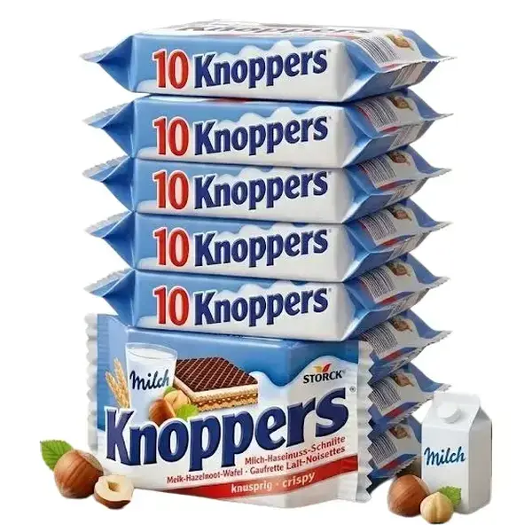 Storck Knoppers Milk & Hazelnut Chocolate Wafers, 10-Piece Boxed Pack (250g), Authentic European Imported Snack with Hazelnuts Incl. & Rich Cream, Party Snacks