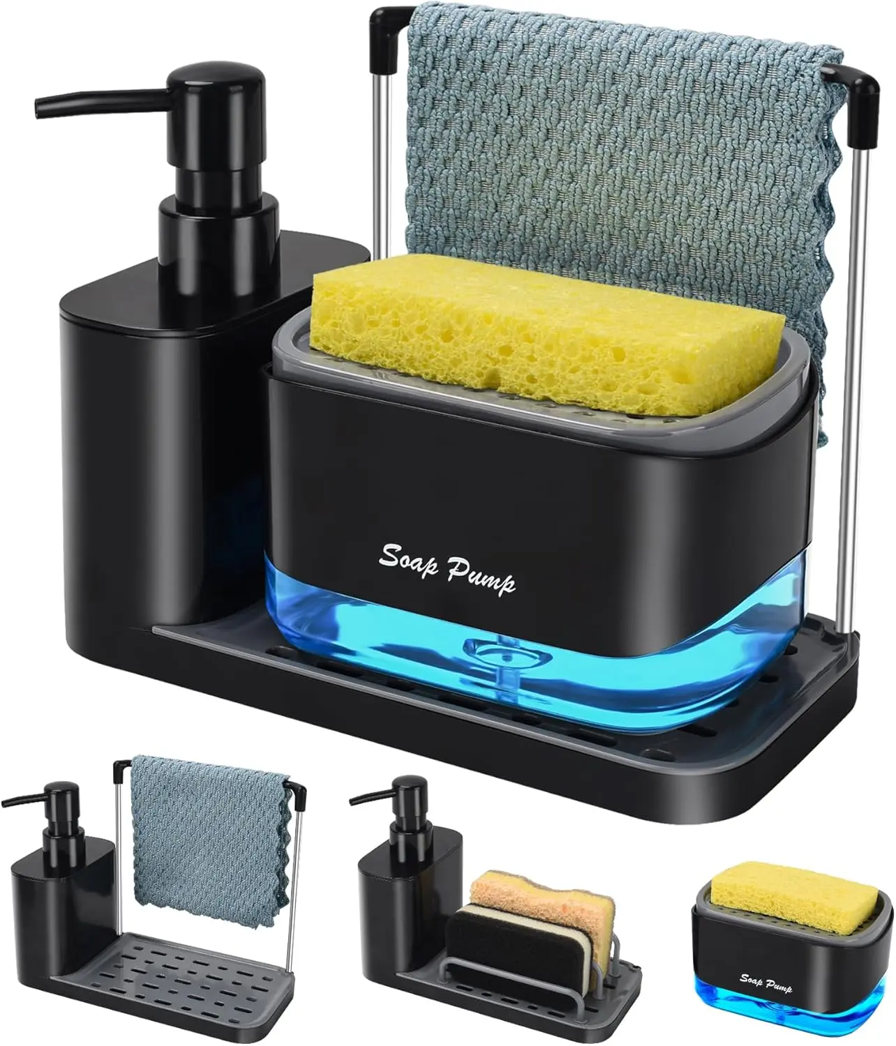 5-in-1 ABS+PC Black Sturdy Transparent Leak-Proof Press Pump Dishwashing Dispenser Set with Removable Design, Removable ABS Tray, Dual Hand Soap Containers, Hollow Sponge & Dishcloth Holders for Multiple Kitchen Sink Countertop Cleaning Storage Needs