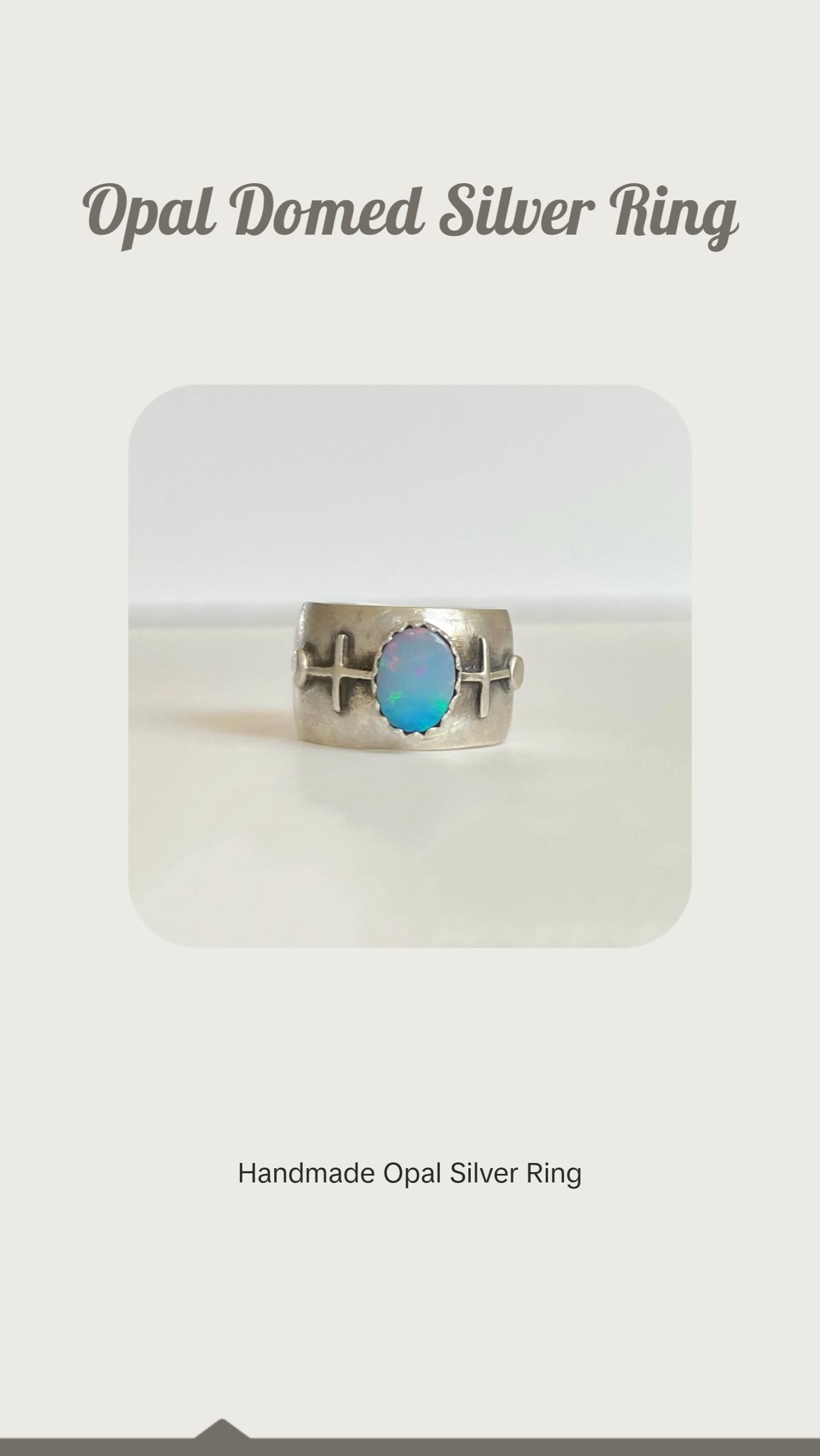 geometric opal domed silver ring - size 6.75
