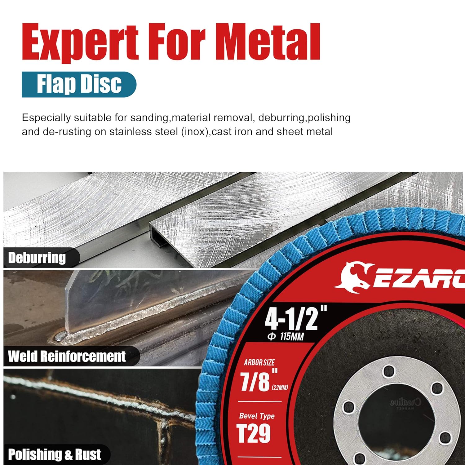 EZARC 4-1/2 x 7/8 inch T29 Zirconia Flap Discs For Stainless Steel, Sheet Metal, 40/60/80/120 Grits, Mixed Set, Grinding Wheel, Sanding Disc