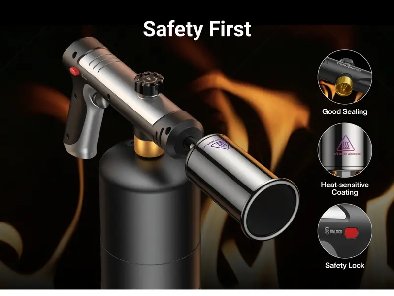 ThermoMaven 1-Touch Max Fire Durable Brass-ABS Culinary Propane Blow Torch Gun (1.56 lb, Single Unit, Tank Not Included) with Safety Lock, Adjustable Flame, 1800℃ Sear Power, 3272°F Sear Heat, Bakeware & Kitchen BBQ Grill Tool