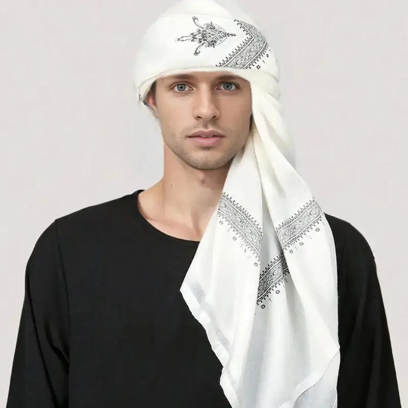 1pc White Muslim Shemagh Scarf with Black Gray Design Traditional Islamic Ramadan Headscarf Windproof Neck Wrap for Men Polyester Woven Fabric Islamic Headscarf Decorative Scarf Cultural Fashion Hijab Scarf, Stylish Headwear, Windproof Neckerchief