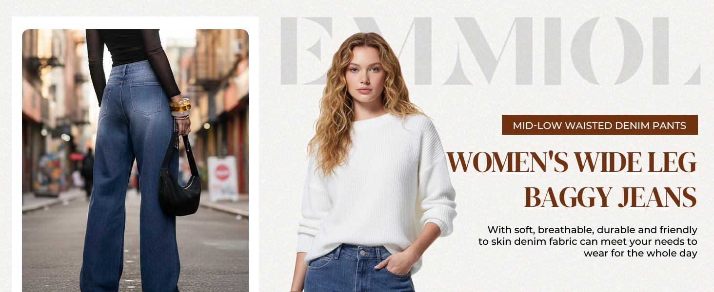 EMMIOL Women's Blue Wash Boyfriend Wide Leg Jeans - Y2K Vintage Style - Denim Baggy Jeans | Baggy fit Pants