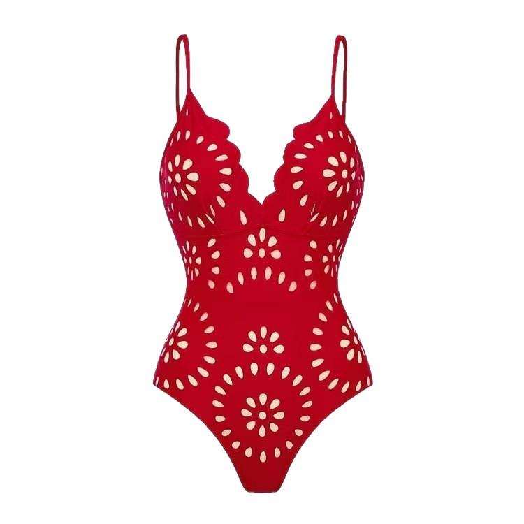 LikeMyChoice Coquette Trend Red Floral Hollow Monokini Swimsuit with Intricate Eyelet Detail Cut-Outs for Beachwear & Summer Resort Wear casual fashion chic tie