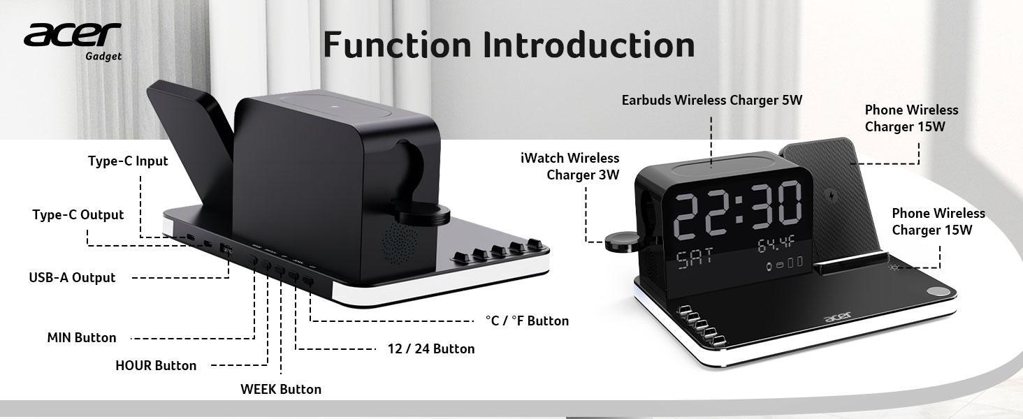 Acer 7 in 1 Wireless Charging Station Charger with Clock, LED Night Light & Temperature Display, USB-A & USB-C, Magnetic MagSafe – for iPhone, Android Phone, Apple Watch & AirPods, Gift
