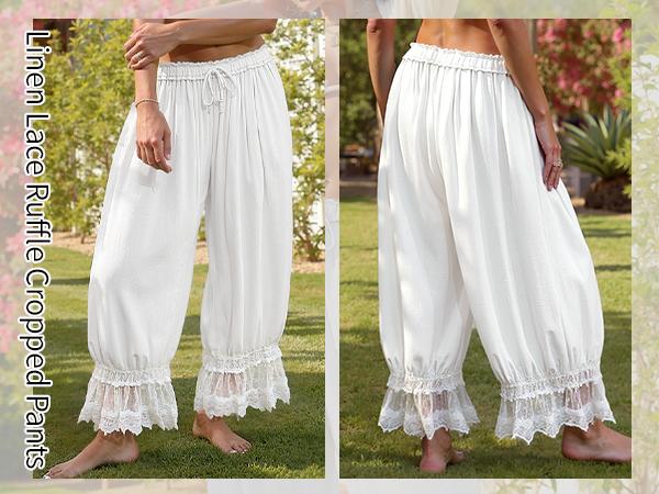 【SS26 Collection】TARSE Women Linen Lace Trim Long Bloomers Pants Ruffle Vintage Pantaloons Summer Beach Travel Vacation Cute Boho Pants with Pockets