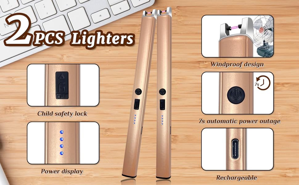 2 PCS Candle Lighter,Windproof Flameless Electric Lighter with LED Power Display ＆ Safety Switch, Upgraded Plasma USB Rechargeable Lighters for Birthday Camping BBQ (Champagne Gold)