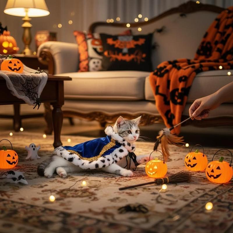 【Pet Supplies】Lovelyshop Pet Serial Lux Fur Blue Cloak Halloween Small Pets Costume Cape Royal Cosplay Outfit Keep Warm Soft Faux Fur Elegant Design Make Pets Stand Out Party Gift