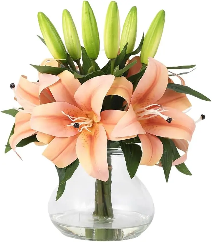 GAOMON Lifelike Orange Artificial Lily Flower Bouquet with Stems - Glass Vase Compatible Decorative Flowers, Faux Plant for Home Table Decor, Ideal Gift for Special Occasions