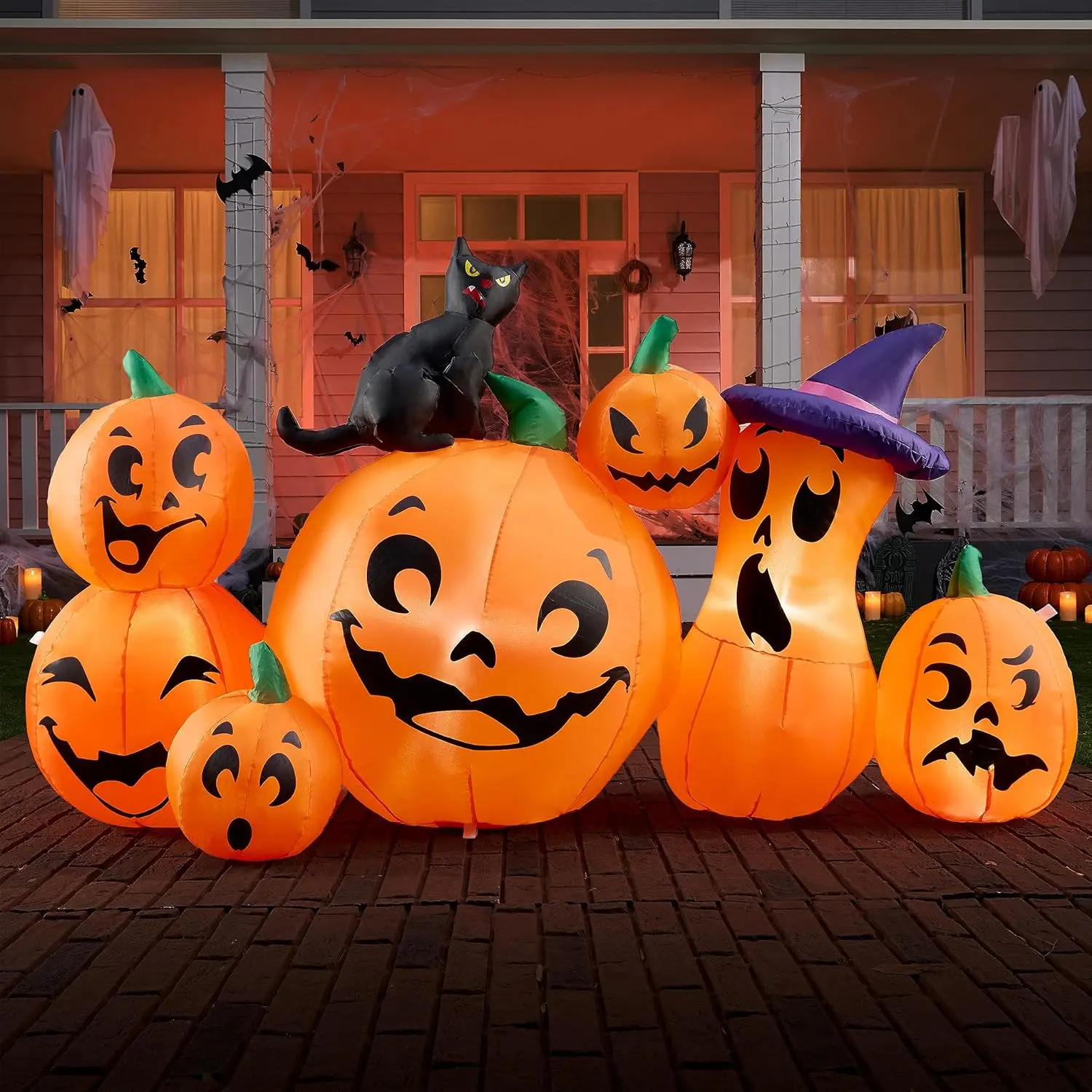 Joiedomi 6 FT Long Halloween Inflatable Outdoor Decorations, Pumpkin Blow Up Yard Decorations, 7 Pcs Inflatable Pumpkin for Outside with Witch's Cat with Build-in LEDs for Halloween Decor