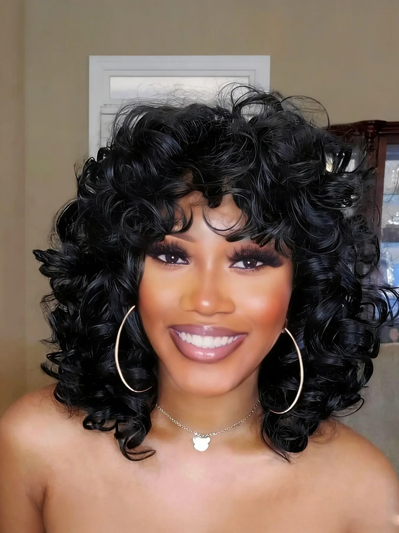 Short Curly Wig for African American Women, Afro Kinky Curly Wig with Bangs, Cute Loose Curls Synthetic Wig, Gorgeous Fluffy Wigs