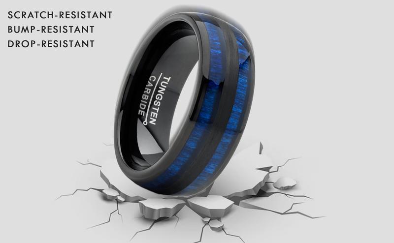 Men's Tungsten Carbide Ring Dome Real Blue Wood Inlay Wedding Band 8MM