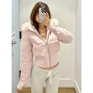 American Retro Pink Fur Collar Hooded Short Cotton Coat Fashion High Street Fur Collar Hooded Cotton Coat Winter Jacket Women