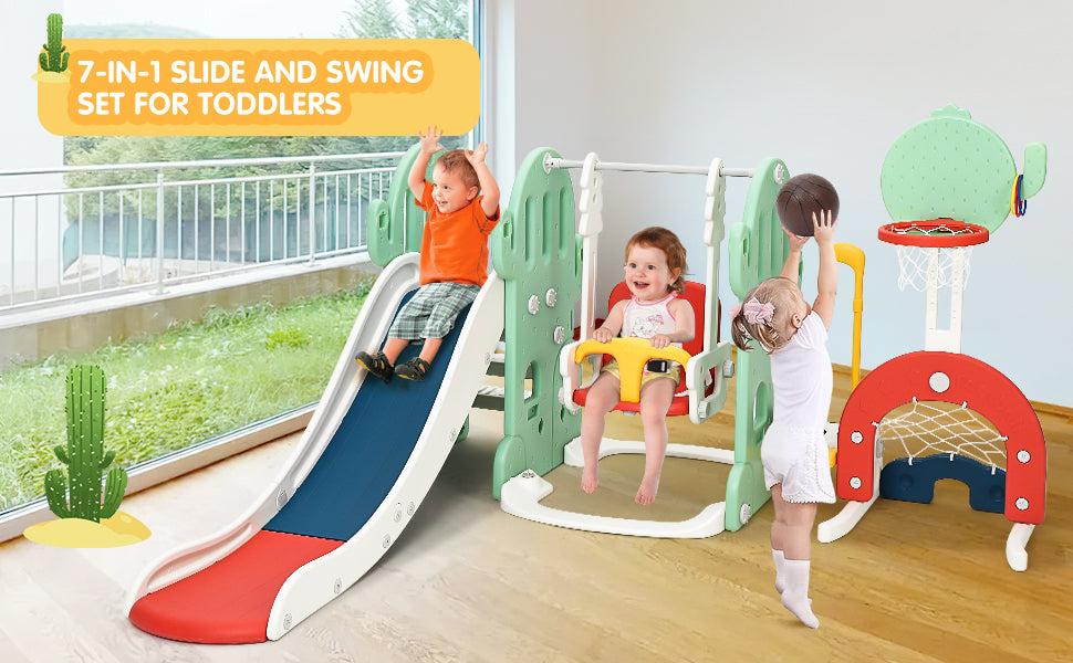 GARVEE 7-in-1 Toddler Indoor/Outdoor Playground Set with Slide, Adjustable Swing, Climbing Ladders, Basketball Hoop, Soccer, Golf, and Ring Toss for Ages 1-3 - Perfect for Active Play and Fun! GARVEE 7-in-1 Toddler Indoor/Outdoor Playground Set with Slide, Adjustable Swing, Climbing Ladders, Basketball Hoop, Soccer, Golf, and Ring Toss for Ages 1-3 - Perfect for Active Play and Fun!