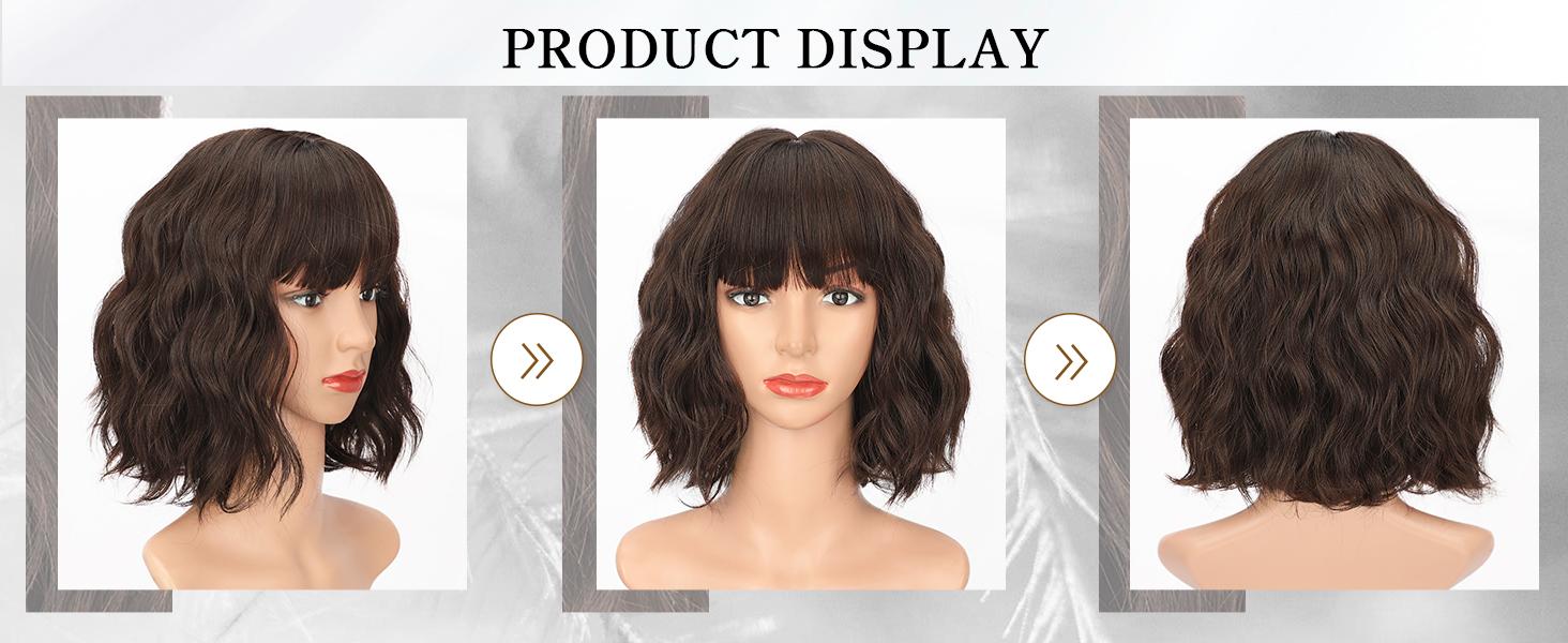 AISI HAIR Short Curly Wavy Bob Wigs for Women Black Wig with Bangs Synthetic Heat Resistant Fiber Wig Breathable Adjustable Outdoorfun
