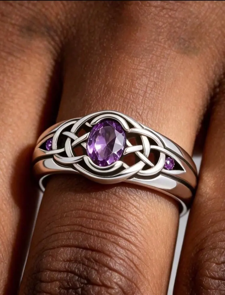 Sterling Silver Oval Amethyst Celtic Trinity Knot Wide Band Ring Unisex - S925 purple CZ hollow interwoven filigree, February birthstone, Irish Wicca statement anniversary St Patrick's Day gift