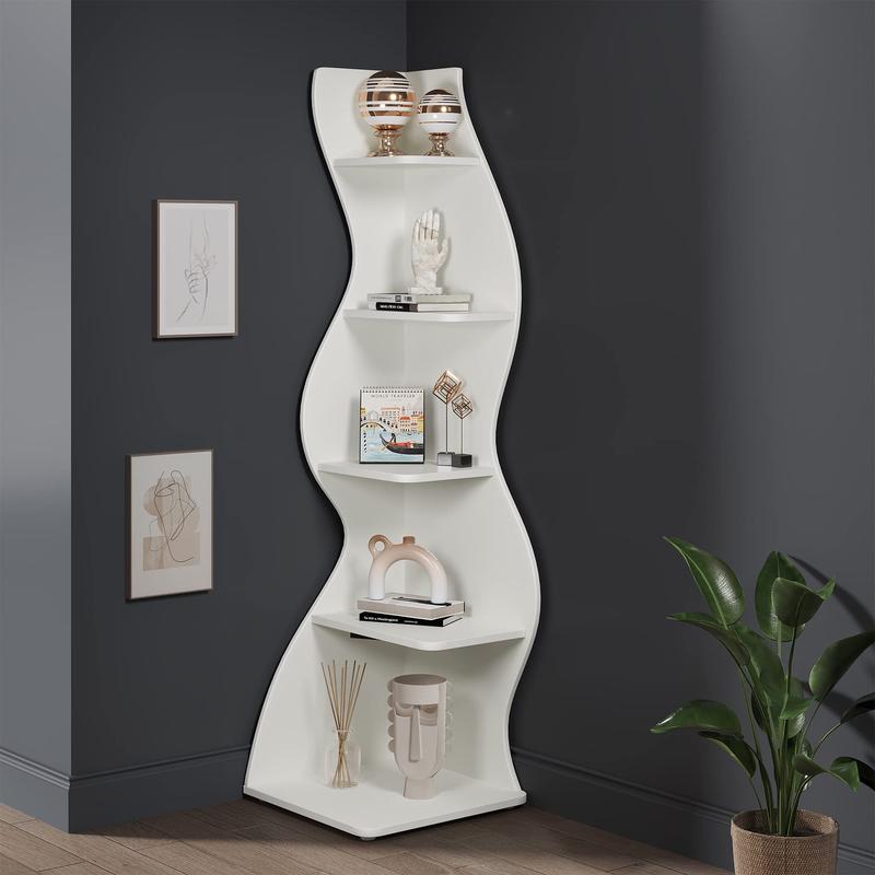 Tribesigns Modern 5-Tier Wall Corner Bookshelf, White, Stylish Corner Storage Rack for Living Room, Home Office, Bedroom & Entryway Decor Shelves