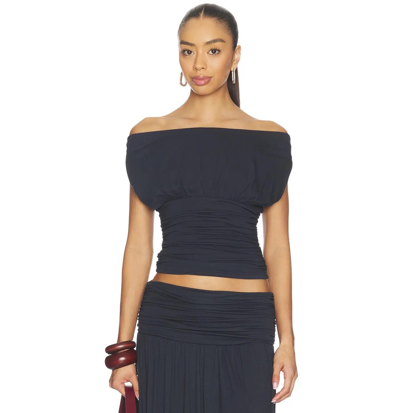 SEVEN WONDERS Avanni Off Shoulder Ruched Top in Granite