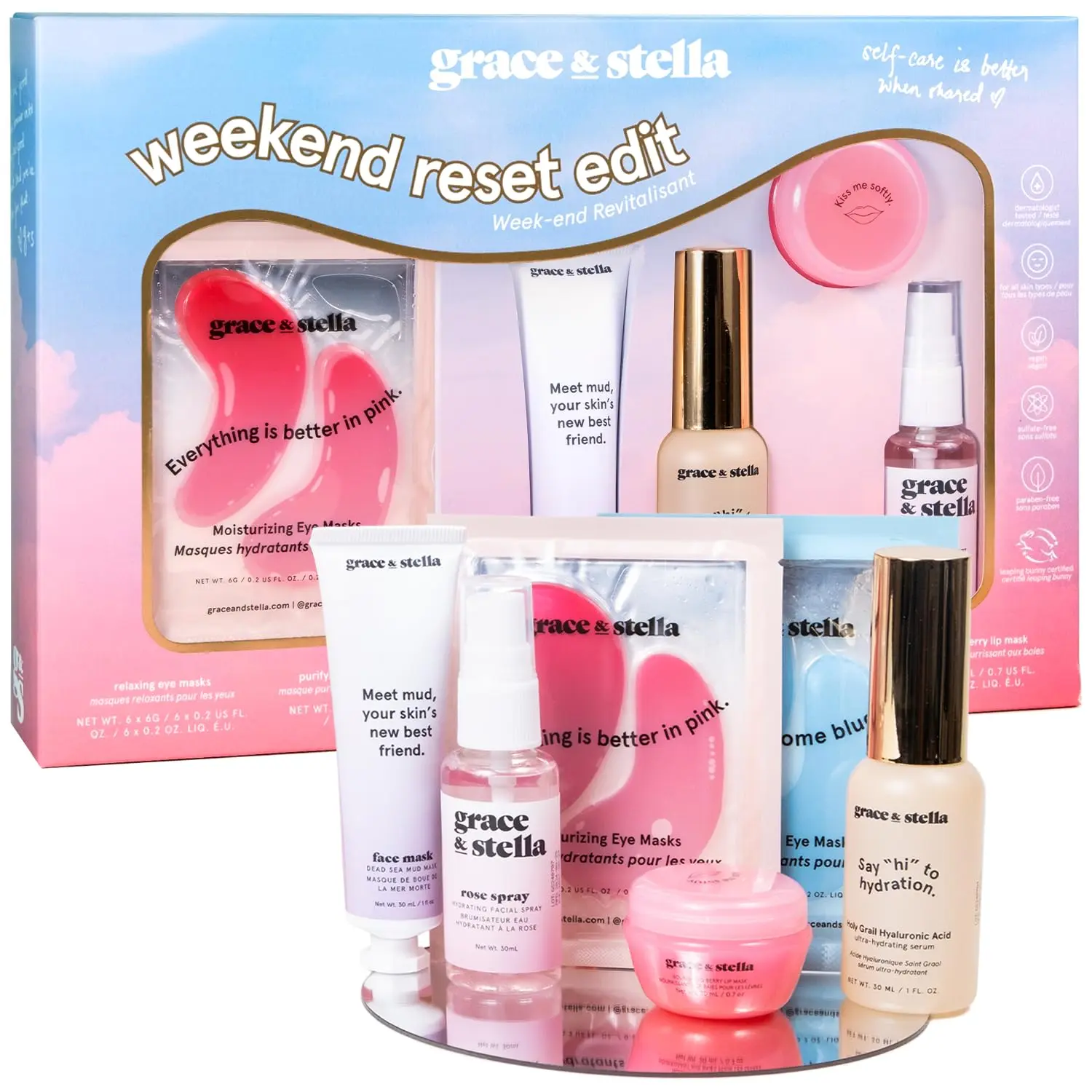 Weekend Reset Edit Gift Set – 6 Skincare Essentials for a Perfect Glowcation with Hyaluronic Acid Serum, Energizing & Illuminating Eye Masks, Dead Sea Mud Mask, Berry Lip Mask, Rose Water Spray | Self-Care Bundle by grace & stella