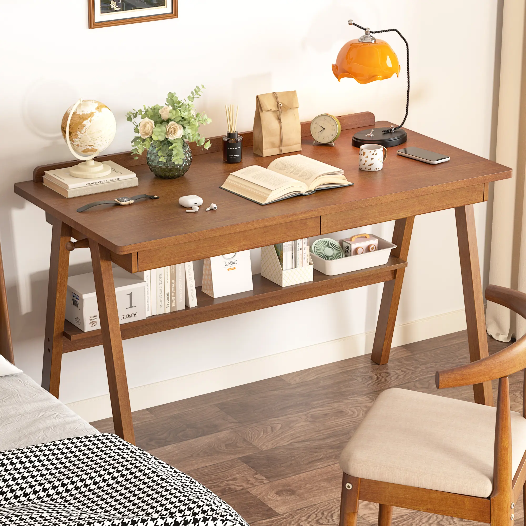 CocoHouse 100% Solid Wood Desk with Drawers & Storage Shelf - Mid Century Modern Desks, Vintage Writing Desk with Deeper Desktop, Home Office Computer Desks for Bedroom & Home-Walnut Color