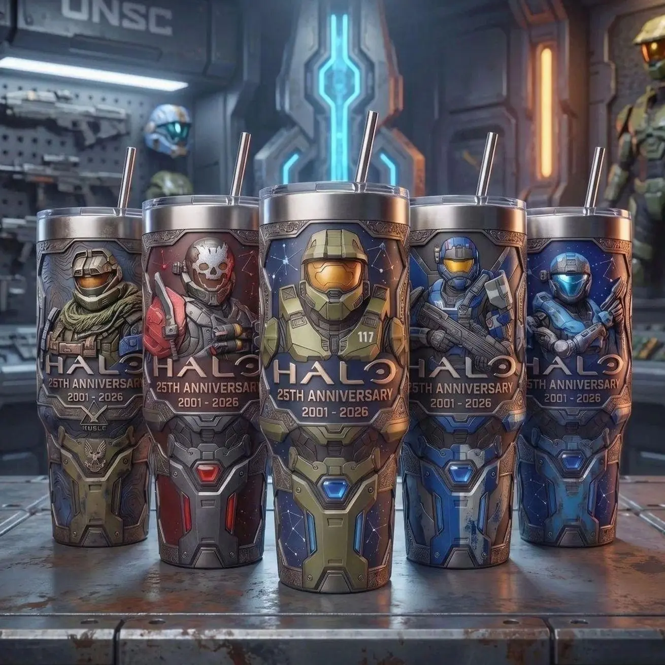 COLLECTION Halo 25th Anniversary 2001-2026 40 oz Tumbler Set, Master Chief Carter Catherine Jun Emile Halo Reach Noble Team Spartan Sci-Fi Video Game Vacuum Insulated Travel Coffee Mug, UNSC Spartans Car Cup, Unique Merch Accessory Halo Gaming Fans