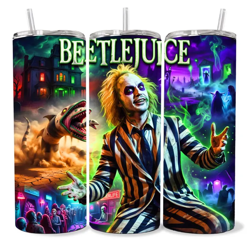 Beetle Juice 20 oz Tumbler - BPA Free, Stainless Steel, Leak Proof, Clear Lid, Includes Straw