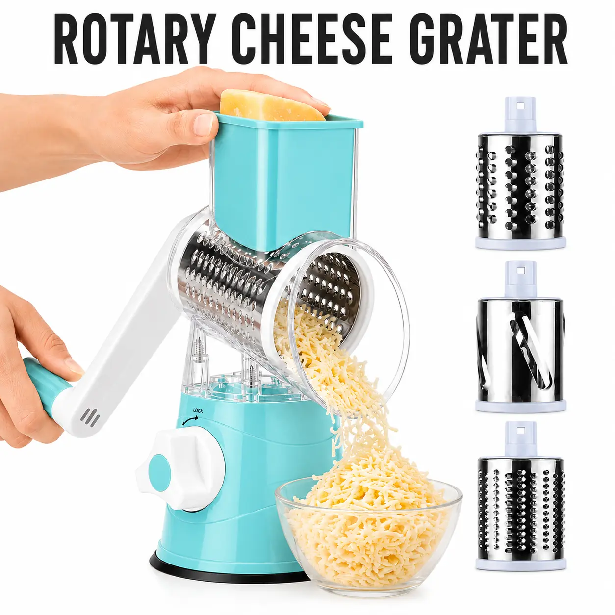 Arthink Rotary Cheese Grater with 3 Stainless Steel Drums, Manual Hand Crank Vegetable Slicer and Shredder with Suction Base for Cheese, Carrots, Potatoes and Nuts