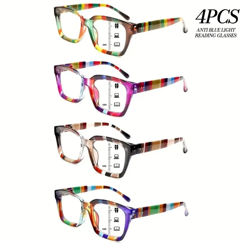 4 Pack Progressive Multifocal Reading Glasses for Women Blue Light Blocking Rectangular Frame Colorful Stripe Spring Hinge Comfortable Eyeglasses