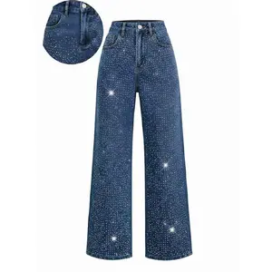 Women's High-Waisted Wide-Leg Jeans - Elegant Rhinestone Embellished, Fitted Woven Fabric, All-Season, Loose and Relaxed Fit Floor-Length Pants