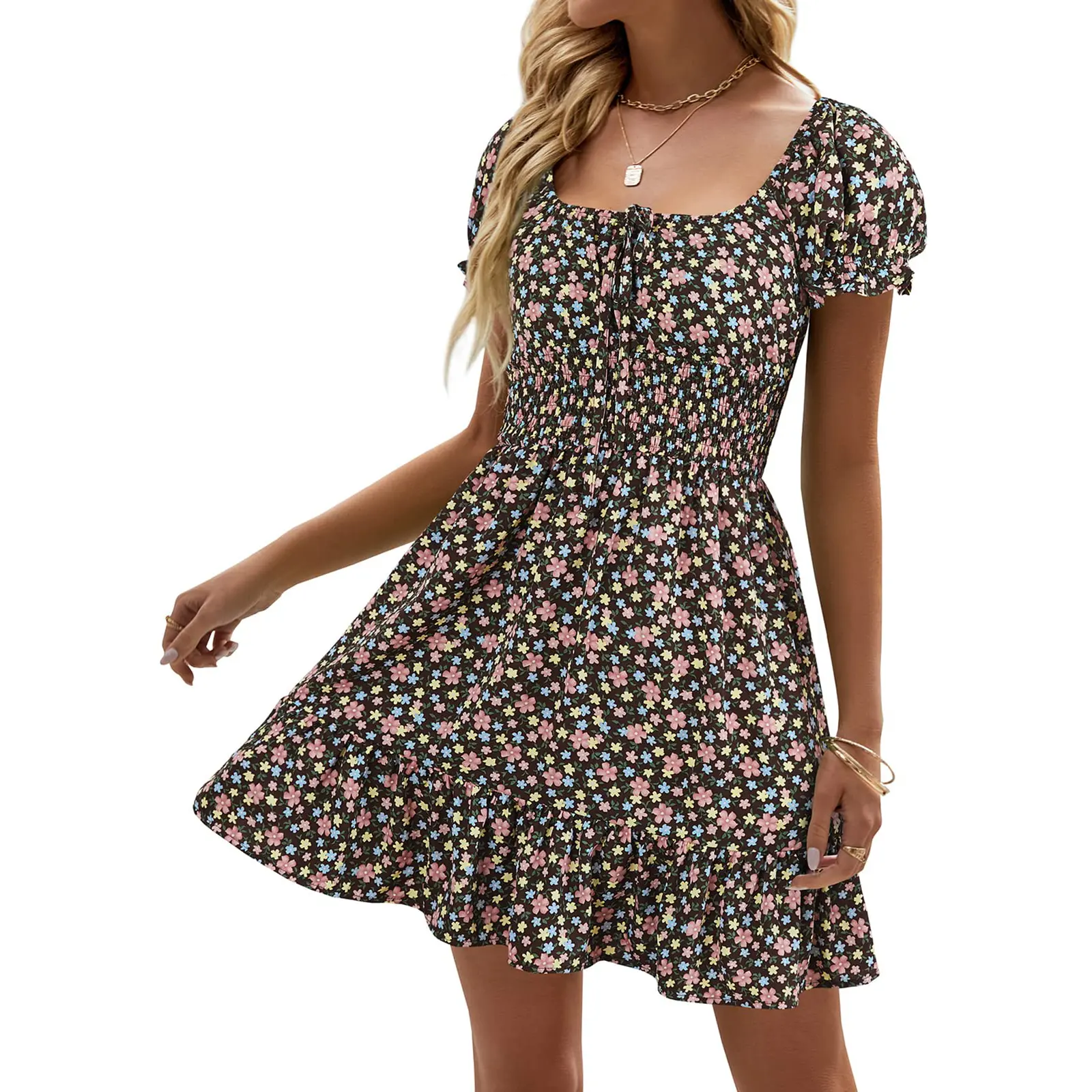 Wenrine Women's Boho Floral Smocked Square Neck Short Sleeve Ruffle Beach Summer Mini Dress