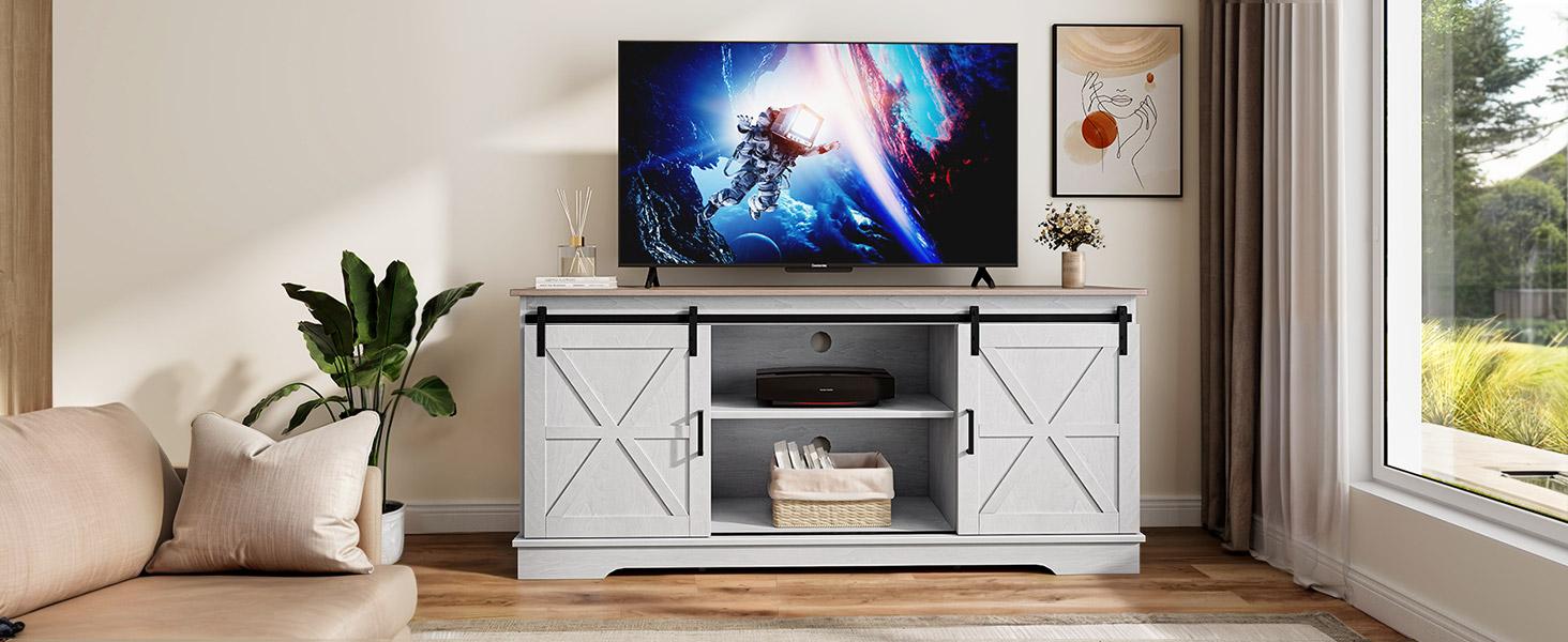YITAHOME Farmhouse TV Stand for TVs up to 65 Inch, Entertainment Center with Sliding Barn Doors and Storage Cabinet, Rustic TV Media Console for Living Room