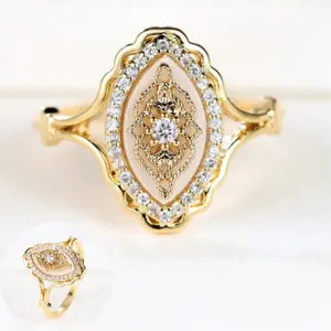 14k gold-plated ring with classic palace-style floral design, suitable for engagement, wedding, everyday wear, and parties.