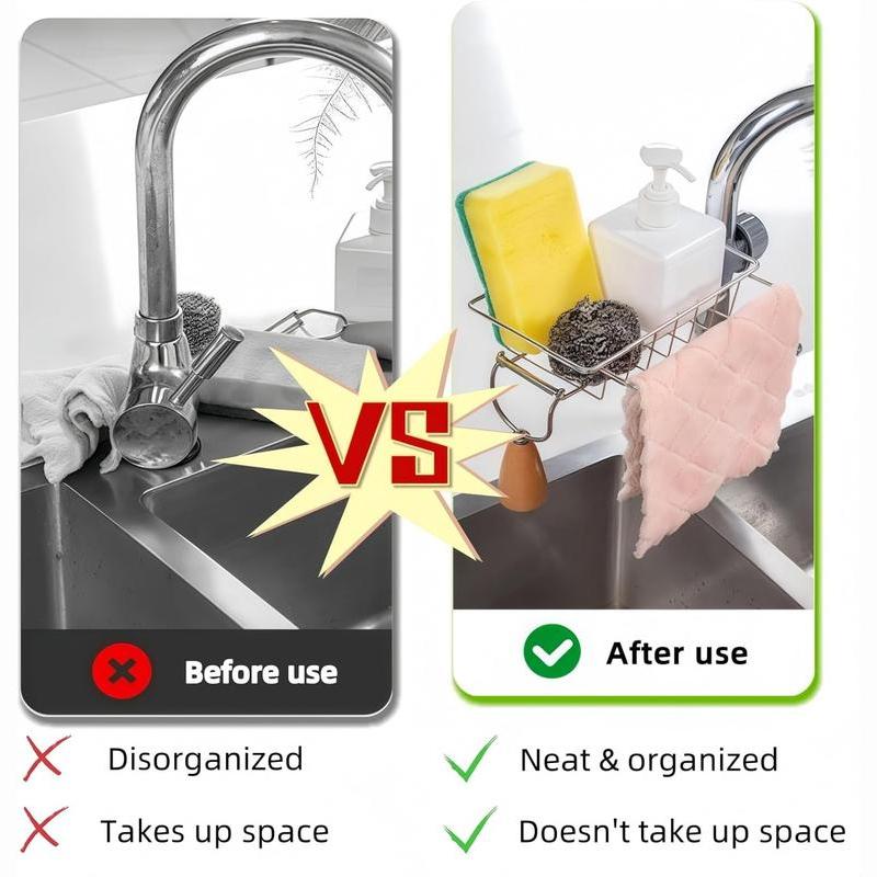 Stainless Steel Sponge Holder for Kitchen Sink – Silver Sink Organizer & Drying Rack for Sponges and Bottles