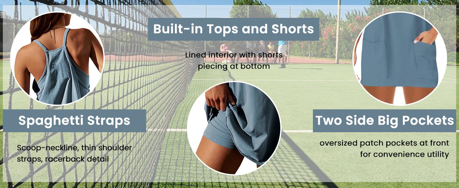 Mundoven Women's Athletic Sleeveless Mini Dress with Built-in Shorts Summer V Neck Spaghetti Strap Short Spring Tennis Dress with Pockets