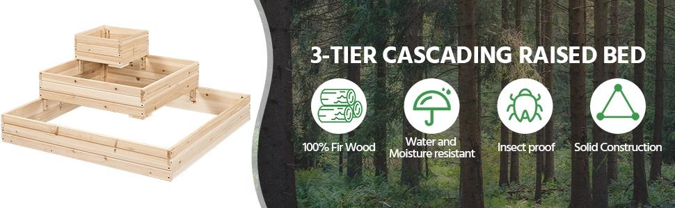 【Fir Wood】Yaheetech 3 Tier Wooden Raised Garden Bed, Horticulture Outdoor Elevated Flower Box, Vegetables Growing Planter for Backyard/Patio/Gardener