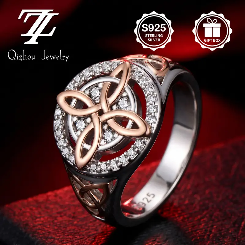 S925 Sterling Silver Celtic Knot Ring for Women | Rose Gold Plated Vintage Ring | Dainty Sparkling Zircon Jewelry Gift Cubic Zirconia
