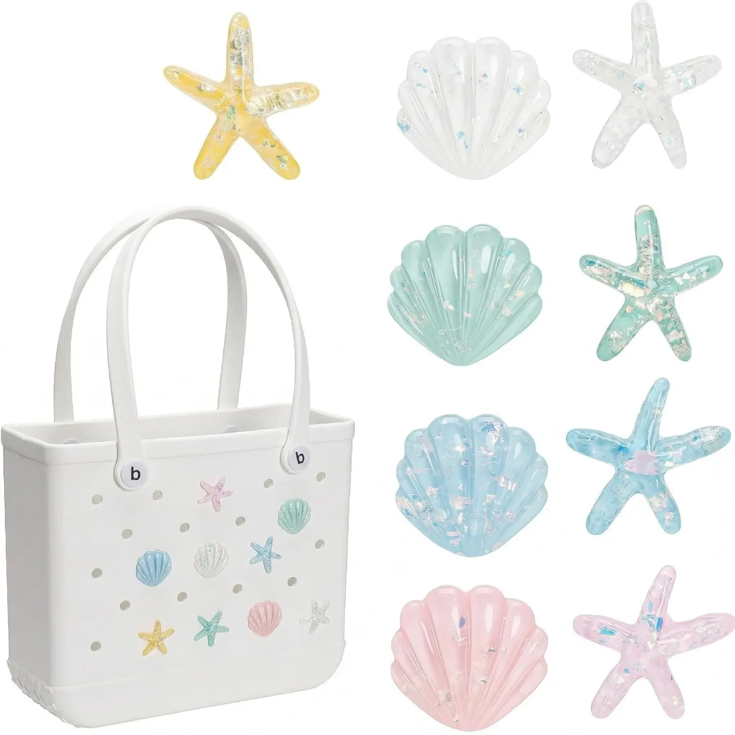 9PCS Beach Tote Bag Charms - Seashell & Starfish Bag Accessories, Cute Decorative Inserts for Summer Rubber Tote Bags