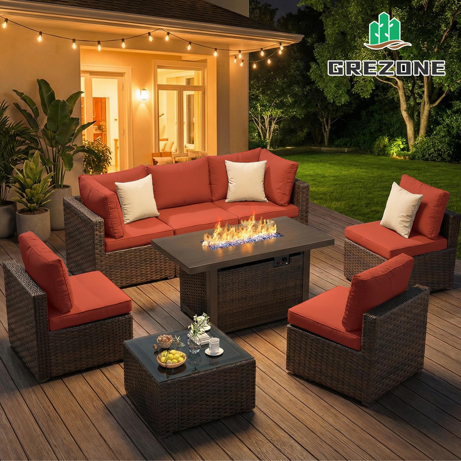 【3 packages shipping】8 Pieces Patio Furniture Sectional Sofa 50000 BTU Propane Gas Fire Pit Table,Outdoor PE Rattan Patio Conversation Set with Glass Coffee Tables and Cushions Lounge Modern