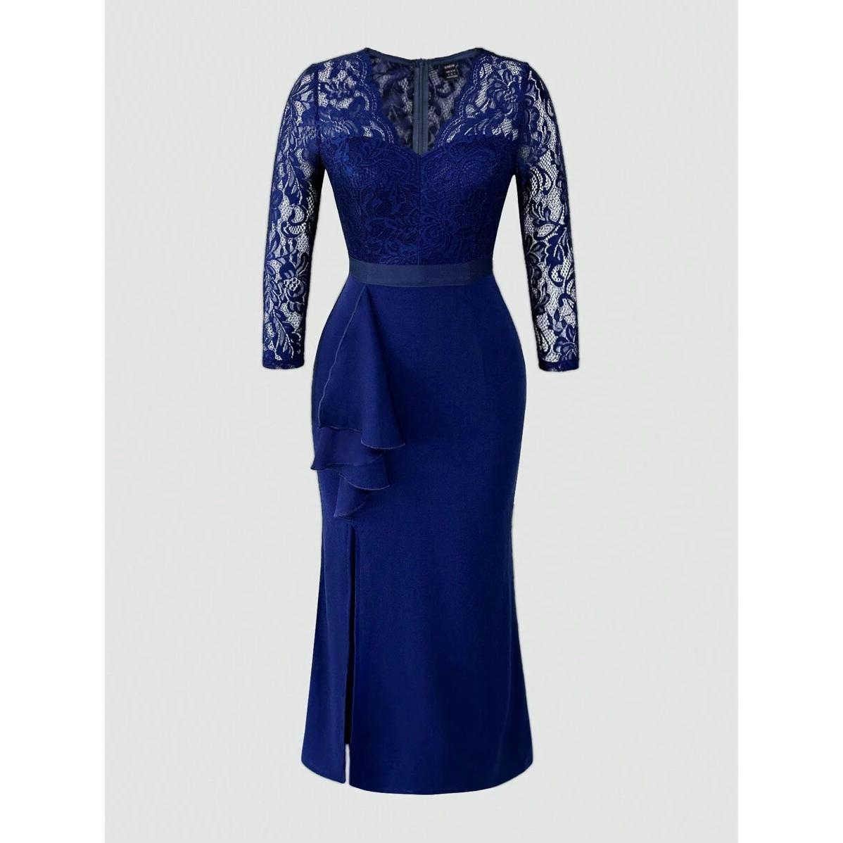 Lace Patchwork Sexy Sheer Royal Blue Maxi Women's V Neck Regular Sleeve High Waist Bodycon Evening Party Prom Graduation Valentine's Day Wedding Guest Birthday Dress