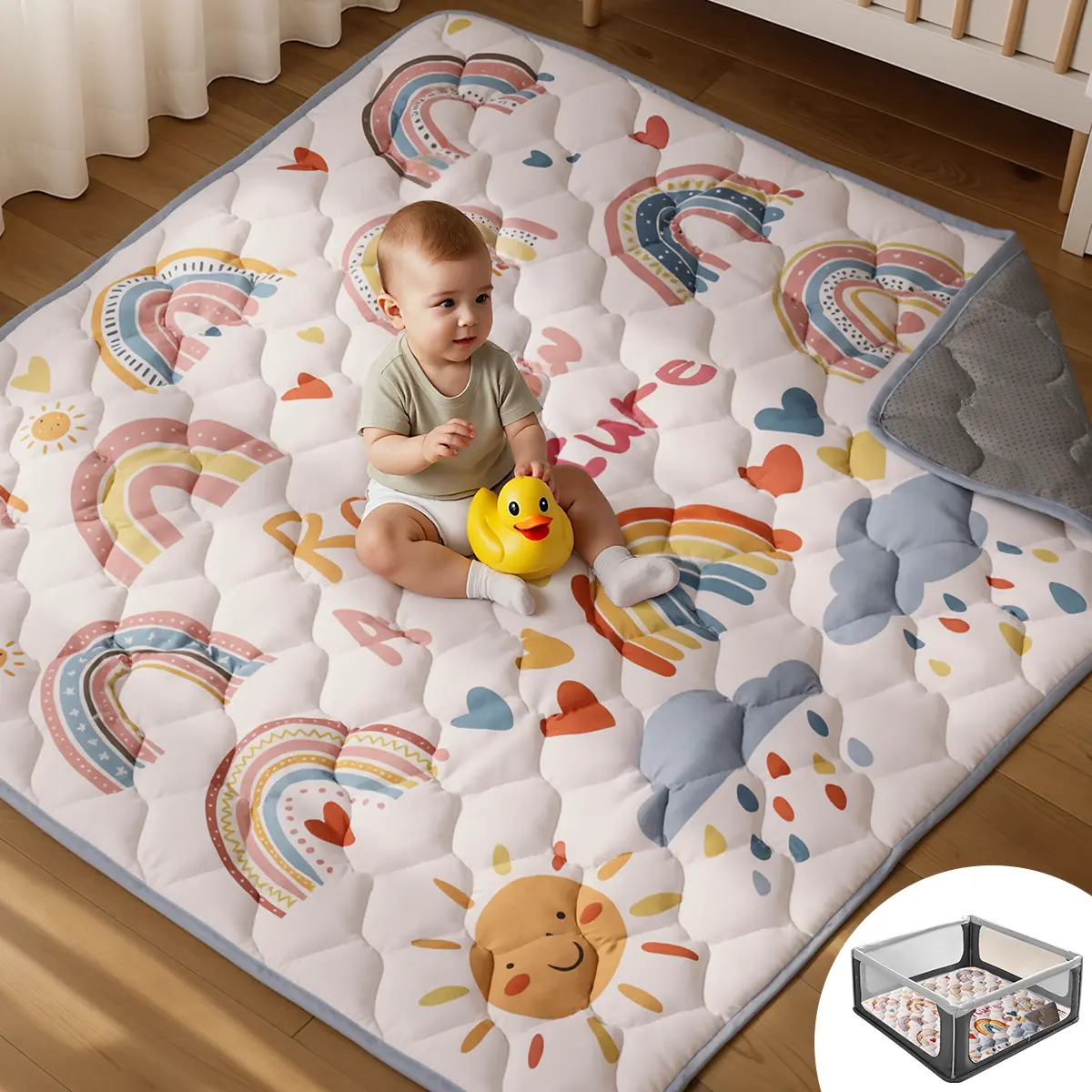 BIOBY Baby Play Mat, Thicken Soft Cotton Baby Playmats, Foldable Anti-Slip Floor Crawling Playmat Playpen Mat for Infants and Toddlers, 50"x50", Blue, Mother's Day Gift