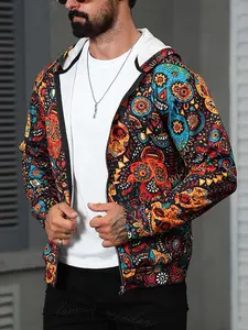 Day of the Dead Graffiti Skull Print Zip-Up Hoodie with Contrast White Lining - Bold Streetwear Statement