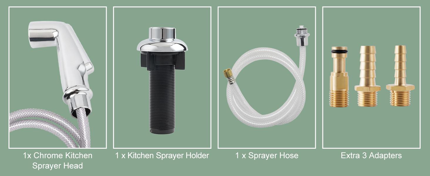 Hibbent Kitchen Sink Side Sprayer, Kitchen Sink Faucet Replacement Parts Compatible with Moen Faucet, Pull Out Sprayer with Hose and Holder, 1/4 inch Sink Connector, 3 Adapters, Chrome