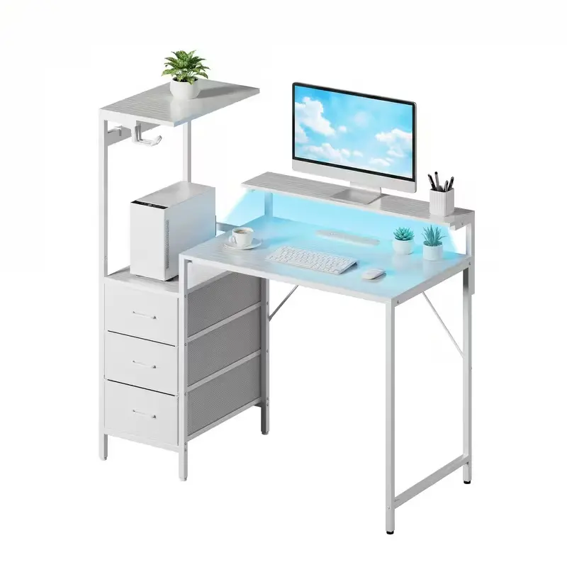 Modern White Office Computer Table with Drawers, Shelves, LED Lights, Leather & Bamboo Accents - Gaming Desk for Home Office & Bedroom, Particle Board Furniture for Gaming Setup, Desk For Bedroom
