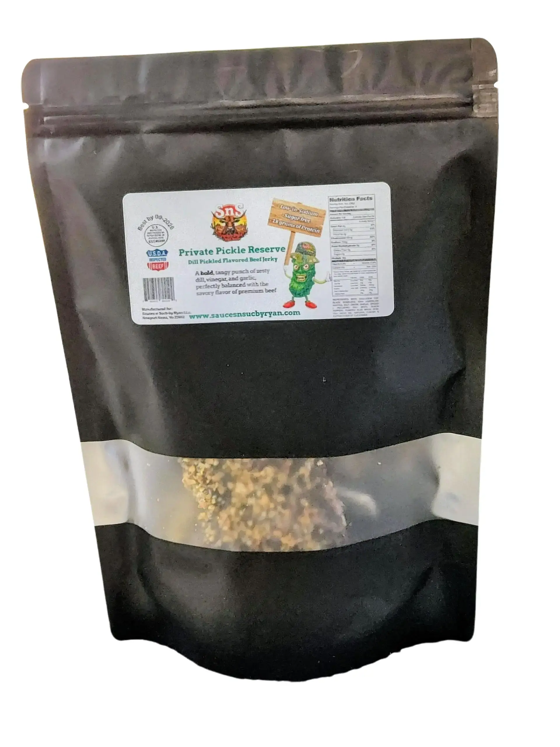 Private Pickle Reserve, dill pickle flavored beef jerky. 4 oz. bag